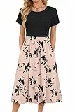 MOLERANI Kleider Damen Sommer - Rundhals Kurzarm Freizeit Kleider Hohe Taille Strandkleid mit Taschen Schattenblume XL
