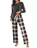 Ekouaer Pyjama Damen Schlafanzug Damen Lang Kuschelig Winter Warm Pyjama Set Kariert Pyjamahose Nachtwäsche Schlafzeug, Dunkelgrau, M