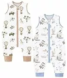 Chilsuessy 2er Pack Baby Schlafsack Sommer mit Füßen 0.5 Tog 100% Baumwolle Kinder Sommerschlafsack für Jungen und Mädchen, Blau Tiere + Heißluftballon, 80cm/Baby Höhe 90-100cm