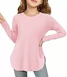 Haloumoning Mädchen Langarmshirt Kinder Rundhals Langarm T-Shirt Einfarbig Niedlich Tunika Oberteile Freizeit Basic Tops mit Seitenschlitzen, Rosa, 11-12 Jahre