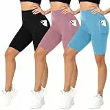 FuelMeFoot 3er Pack Radlerhose Damen, High Waist Shorts mit Taschen, Blickdicht Sportshorts für Fitness & Yoga.04-Schwarz/Rosa/Hellblau S/M