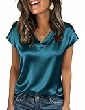 Zeagoo Satin Bluse Damen V Ausschinitt Cap Ärmel Silk Tops Elegant Kurzarm Business Shirts Sommer Seide Tshirt Blouse Türkisblau 2XL