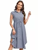 KOJOOIN Kleid Damen Sommer Kurzarm Blusenkleid Elegant Wickelkleid Revers Style Freizeit Kleid mit Knopfleiste Dunstblau L