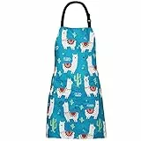 XIEJINJIA Verstellbare Schürze Wasserfest Canvas Kochschürze mit 2 Tasche Lange Bänder für Küche Kochen Backen (Lama und Kaktus Muster)