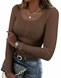 Zeagoo Basic Langarmshirt Damen T-Shirts Elegant Slim Fit Oberteil Rundhals Gerippt Freizeit Pullover Stretch Shirts Tops Braun M
