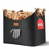 Ezilif Holzkorb für Kaminholz Groß XL, Kaminholzkorb mit Doppelt Verstärkten Leder, 60L Brennholzkorb aus Filz, Filzkorb Kaminholz mit Fronttasche, Faltbarer Korb für Kaminholz 45x32x40cm