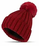 KEECOW Beanie Mütze Damen Winter,Double Fleece Line Warm Thermal mütze Damen mit Bommel(Rot)