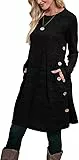 Aokosor Strickkleid Damen Langarm Kleider Pulloverkleid für Damen Tunika Kleid Jumper Kleid mit Knöpfen und Taschen Schwarz XL