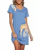 ENJOYNIGHT Nachthemd Damen Sommer Baumwolle Schlafshirt Printed Kurzarm Sleepshirt T-Shirt Schlafhemd Frauen Nachtwäsche Nachtkleid(Large,Blaue Giraffe)