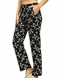 ENJOYNIGHT Damen Schlafanzughose Lang Baumwolle Pyjamahose Print Schlafhose Freizeithose mit Taschen und Kordelzug (Large,Schwarze Katze)