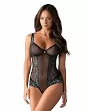 Obsessive wunderschöner figurbetonender Ouvert-Body mit zarter Türkis-Spitze in toller Geschenkbox, Schwarz/Türkis, Large / X-Large
