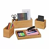 Relaxdays Schreibtisch Organizer, 4er Set, Stiftehalter, Bambus Ablage, Stifteschale, für Büro Utensilien, Briefe, Natur