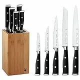 WMF Grand Class Messerblock mit Messerset 6teilig, Made in Germany, 5 Messer geschmiedet, Bambus-Block, Kunststoff-Borsteneinsatz Performance Cut