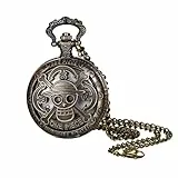 JewelryWe One Piece Taschenuhr mit Kette: Vintage Hohl Totenkopf Schädel Analog Quarz Kettenuhr Antik Bronze Anime Cartoon Uhr Anhänger Halskette Geschenk für Anime-Liebhaber Unisex
