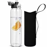 DEARRAY 1 liter Trinkflasche Glas Flasche mit Strohhalm 1l Glasflasche mit Schutzhülle, Auslaufsicher BPA frei Wasserflasche für Sport, Smoothie, Früchte Kohlensäure geeignet