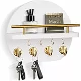 Nekon Schlüsselhalter für die Wand, 24,8 cm, Wohnungswanddekoration mit Ablage und 8 Schlüsselhaken, runder Holzschlüsselaufhänger für Heimdekoration (Weiß mit goldenen Haken)