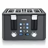 Arendo - Toaster 4 Scheiben Edelstahl - mit Brötchenaufsatz - 4 Schlitze - LED Anzeige Restzeitanzeige – Doppelwandgehäuse - Defrost Funktion - Krümelschublade - 6 Bräunungsgrade - Cool Grey Design