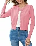 Aottori Strickjacke Damen Leichte Cardigan Langarm Kurz Bolero Sommer Rundhals Strickmantel Elegant mit Knöpfen Rosa S