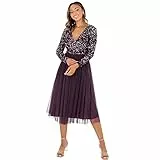 Maya Deluxe Damen Maya Deluxe Midi Elegant Wedding Sleeves Deep V Neck Sequins Cocktail Prom Bridesmaid Dress, Berry, 50 EU