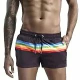FULUJIDI Badehose Boardshorts Schwimmhose Herren Lauf Strands Horts Mesh Innen Schnell Trocknende Unterteile Freizeit Sport Hose Gestreift Regenbogen Bademode Badehose M Schwarz