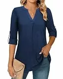 Amrto Damen Bluse Casual Elegant V-Ausschnitt 3/4 Ärmel Longbluse Longshirt Einfarbig Lässig Loose Tunika Oberteil A Linie für Business Arbeit, Dunkelblau L