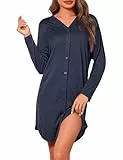 Crewhpo Nachthemden Damen Baumwolle Nachtwäsche Langarm mit Knöpfen Nachthemd Einfarbiges Frauen Negligee Winter Langärmeliges Bequeme Sleepshirt Knopfleiste