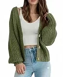Saodimallsu Strickjacke Damen Kurz V-Ausschnitt Chunky Cardigan Langarm Open Front Sweater Grobstrick Knopfleiste Pullover Einfarbig Casual Strick Armeegrün M
