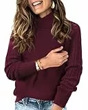 Tanmolo Damen Rollkragenpullover Langarm Strickpulli mit Lochmuster-Ärmeln Elegant für Winter Sweater Oberteile Burgunderrot, L
