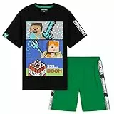 Minecraft Schlafanzug Jungen Teenager 5–14 Jahre, Weicher Pyjama Set Kurzarm Mit T-Shirt Und Shorts, Geschenke Für Kinder (Schwarz/Grün, 9-10 Jahre)