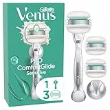 Gillette Venus Pro ComfortGlide Sensitive Damenrasierer mit einem Hauch von Aloe Vera, 3 Ersatzklingen, langlebiges Metallhandstück und Duschhalterung