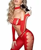 RSLOVE Sexy Dessous Damen Bodys - Fischnetz Lange Ärmel Reizwäsche 2 Teiliges Set Sexy Outfit für Damen Nachtwäsche Rot Einheitsgröße