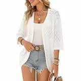 ZLIGXEA Damen Strickjacke Langärm V-Ausschnitt Strick Cardigan Pullover Offene Front 3/4 Ärmel Leichtes Strickpullover Sommer Boho Cover Up Weiß L