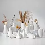 NUPTIO Klein Weiß Keramik Vase: Boho Blumen Vasen für Wohnzimmer Regal Couchtisch Deko - Modern Geripptes Blumenvase für Hochzeit Esstisch Tischdeko 12er Set