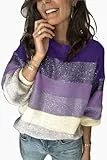 ANCAPELION Damen Grobstrick Pullover Casual Stricken Sweater Lange Ärmel Pulli Farbblock Sweatshirt Elegant Jumper Rundhals Lose Oberteile Herbst Winter Outwear Violett XL