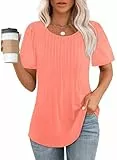 WIHOLL Tshirt Damen Kurzarm Plissee Rundhals Sommer Tops Elegant Bluse Korallenrot M