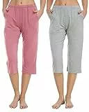 JINSHI Damen Pyjamahose 3/4 Lang Modal Weich Schlafanzughose Nachtwäsche Kurz Komfort Freizeithose mit Taschen Hellgrau & Rosa Größe L