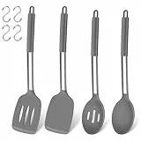 Küchenhelfer Set, Joyfair 4 Stück Silikon Pfannenwender und Kochlöffel Set, Hitzebeständig Küchenutensilien mit Edelstahlgriff, Kochbesteck für Kochen/Backen/Flip, Spülmaschinenfest - Grau
