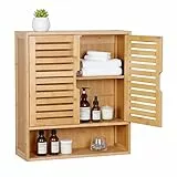 Relaxdays Hängeschrank Bad, 3 Fächer, HBT: 66 x 59 x 21 cm, Lamellentüren, Magnetverschluss, schmaler Wandschrank, Natur