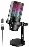 NJSJ Gaming Mikrofon PC RGB, Streaming Podcast Studio, USB Microphone für PS4 PS5 Mac, EIN-klick-Stummschaltung, Mit 3,5-mm-Kopfhöreranschluss,Drehregler zum Einstellen der Lautstärke