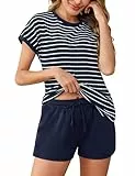 Litherday Schlafanzug Damen Kurz Baumwolle Gestreift Nachtwäsche Kurzarm Pyjama Set Zweiteiliger T-Shirt mit Rundhals Sleepwear für Frauen Marineblau M