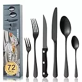 BEWOS 72-teiliges Schwarz Besteck set mit Steakmesser Service für 12, Premium-Edelstahl-Bestecksets für Haus & Küche, Hochwertiges Messer-Löffel-Gabel-Besteck-Set Hochglanzpoliert, Spülmaschinenfest