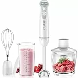 FRESKO 4-in-1 Stabmixer, 1000W Pürierstab Edelstahl, 12 Geschwindigkeiten und Turbo, inkl. 500ml Lebensmittelhacker und 700ml Messbecher, für Babynahrung, Suppen, Smoothies, Weiß
