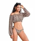 POWER FLOWER Damen Leopard Print 3-teiliger Bikini Set mit Langarm Off-Shoulder Crop Top – Verstellbarer Triangle Bikini für Strand & Pool (S, TH328-Classic)