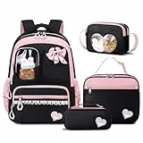 Amythe Schultasche Mädchen Rucksack Kinder, 4-teilig Schulrucksack-Set Atmungsaktiv für Mädchen, Lässiger Schulranzen mit Lunchpaket Mäppchen und Umhängetasche, Schwarz Rosa