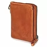 DONBOLSO Damen Slim Wallet Rio - Mini Geldbörse Damen Leder - Kartenetui mit Münzfach und RFID Schutz - Kleine Geldbeutel für Frauen - 4 Kartenfächer mit Sichtfenster - 10,5 x 9 cm - Cognac