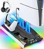 PS5/PS5 Slim/PS5 Pro Ständer für Disc & Digital, 3-stufiger Auto PS5 Lüfter und RGB LED mit PS5 Controller Ladestation für PS5 & Edge Controller, PS5 Zubehörsets mit 3 Ladeanschlüssen