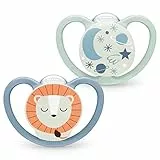 NUK Space Night Babyschnuller | 0−6 Monate | Im Dunkeln leuchtende Schnuller mit zusätzlichen Öffnungen für sensible Haut | BPA-freies Silikon | Löwe | 2 Stück