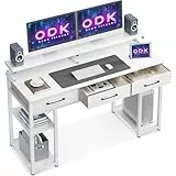 ODK Schreibtisch Weiß, Schreibtisch mit 3 Schubladen, Computertisch mit Regal, 120x50x90cm Bürotisch mit Monitorständer, PC-Tisch für Home Office, Büro, Wohnzimmer