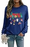 WIEIYM Weihnachtspullover Damen Sweatshirt Langarmshirt Rundhals Langarm Pullover Herbst Winter Weihnachtsbaum Druck Weihnacht Casual Christmas Sweat Oberteile,D-Dark Blue,L