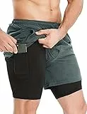 HOPLYNN Herren 2 in 1 Shorts Sommer Schnelltrocknende Laufshorts mit Taschen Sport Kurze Hosen Fitness Laufhose Light Grau XXL